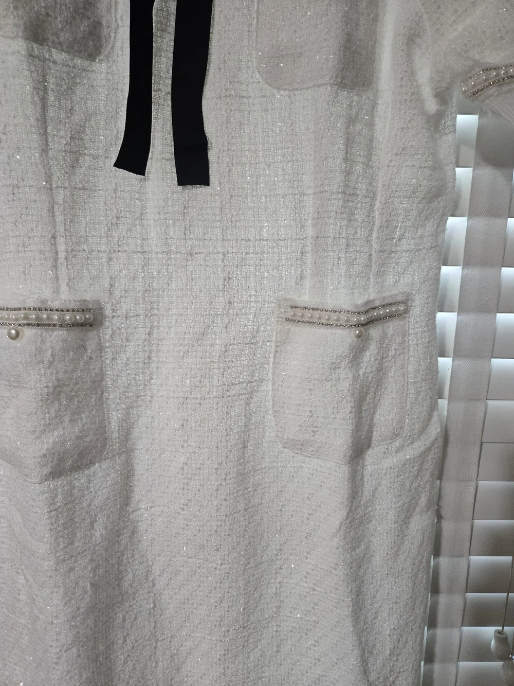 NWOT Elegant White Tweed Midi Dress with Black Ribbon Detail and Pearl Trim - Picture 5 of 7
